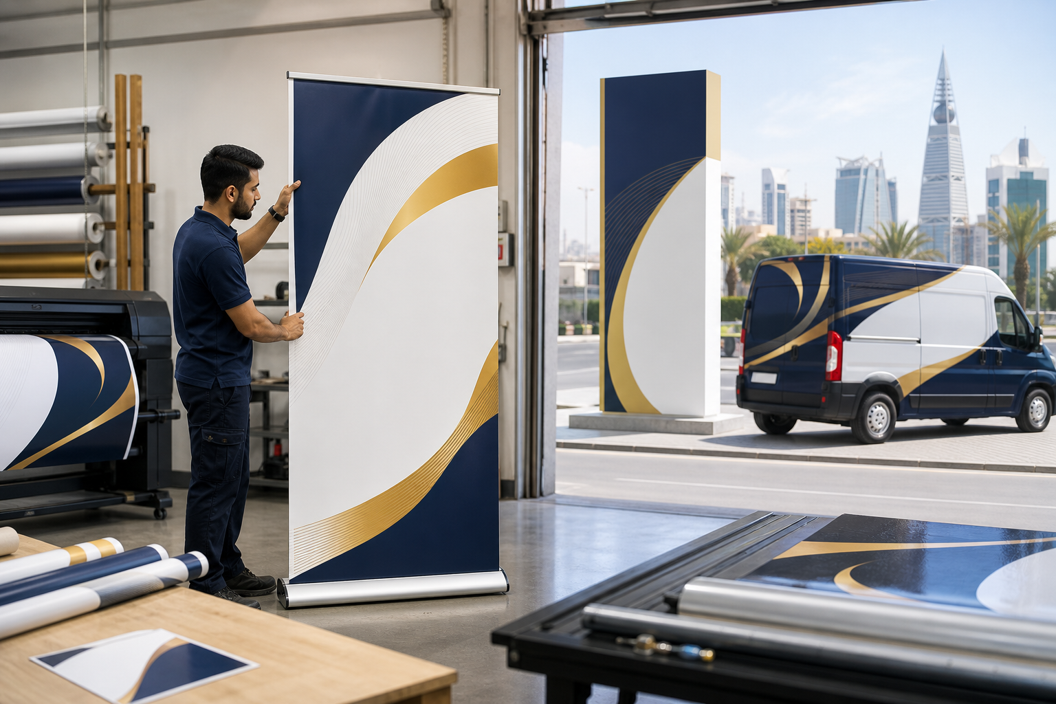 Rollup banners, monument signage, vehicle branding, and large-format print production