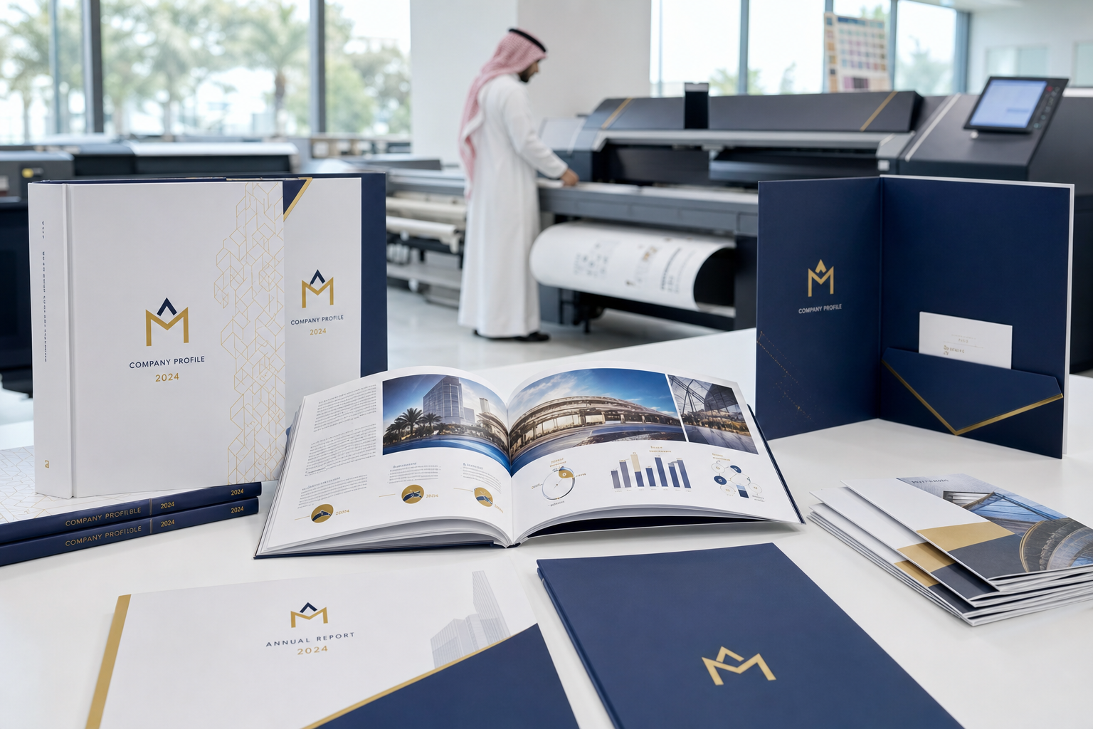 Company profile books, annual reports, corporate brochures, and presentation folders