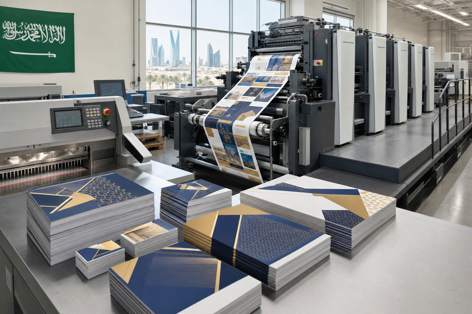 Offset printing press in operation with brochures, catalogues, company profiles, and business cards