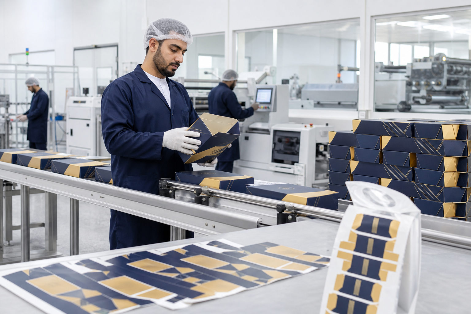 Packaging production line with retail boxes, cartons, labels, and quality inspection