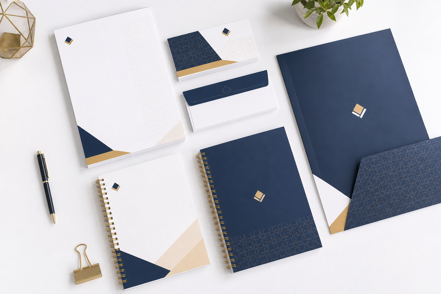 Letterheads, business cards, envelopes, notepads, and corporate folders